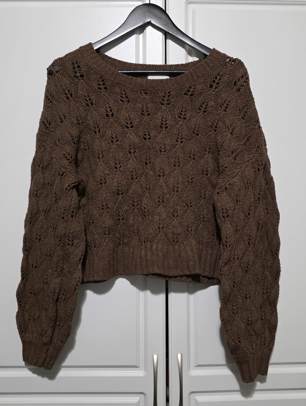 Pink Rose Womens Brown Chunky Open Knit Leaf Pattern Cropped Sweater Cozy Boho M